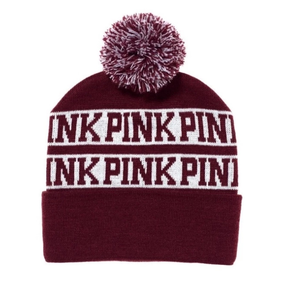 PINK Victoria’s Secret Beanie Hat in Maroon with White Details One Size Women’s